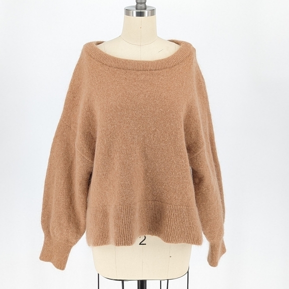 H&M Chunky Knit Sweater Tan S boatneck balloon sleeve fall winter minimalist - Picture 1 of 5